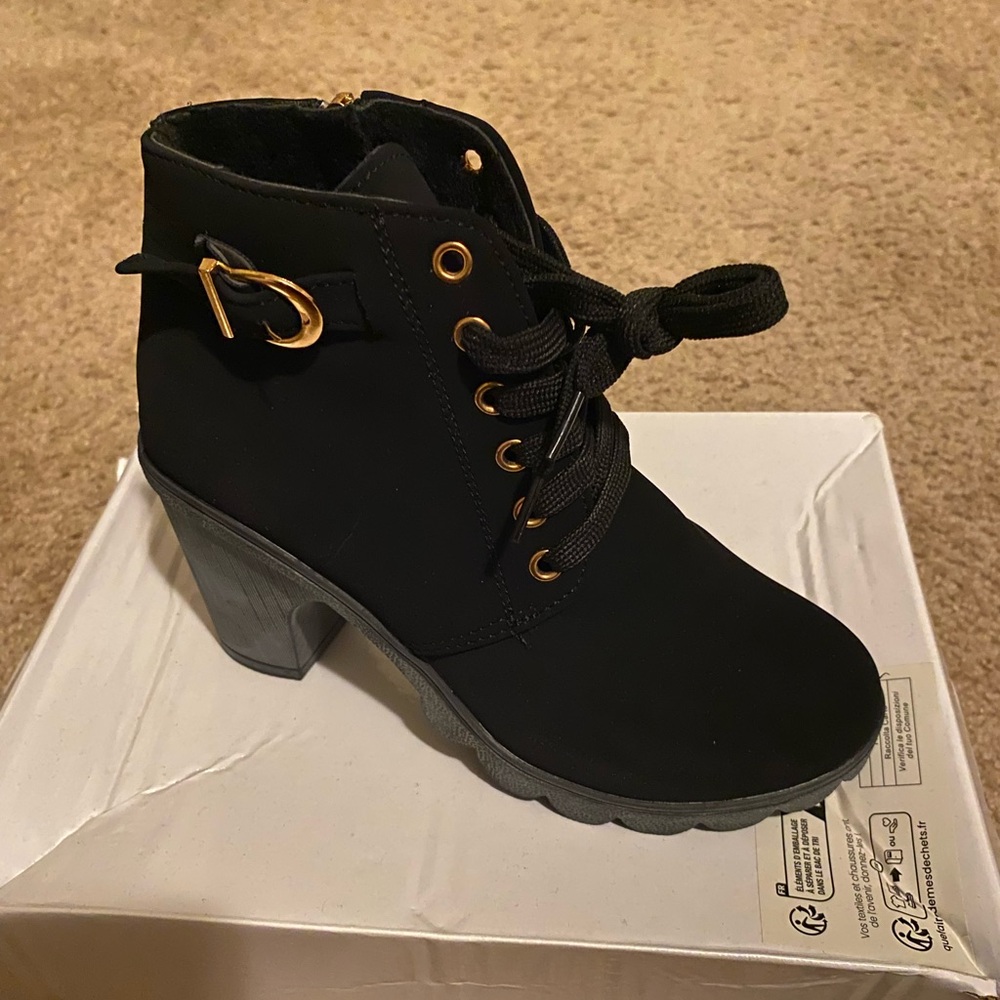 Black and Gold Lace Up Boots with Metallic Buckle